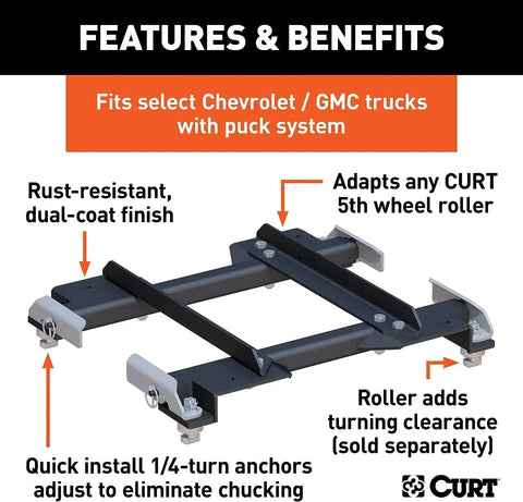 CURT 16023 Puck System 5th Wheel Roller Adapter, 20K, Select Silverado, Sierra, 6.5' Bed