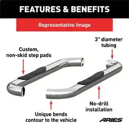 ARIES 203045-2 - 3 Round Polished Stainless Side Bars, Select Ford F-150, F-250, F-350
