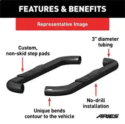 ARIES 203045 - 3 Round Black Steel Side Bars, Select Ford F-150, F-250, F-350 Super Duty