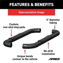 ARIES 204017 - 3 Round Black Steel Side Bars, Select Silverado, Sierra 1500, 2500, 3500 HD