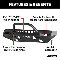 ARIES 2082098 - TrailChaser Jeep Wrangler JL, Gladiator Aluminum Front Bumper (Option 8)