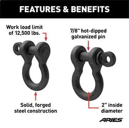 ARIES 2166071 - Heavy-Duty Bolt-On Tow Hooks D-Ring Shackles, 12,500 lbs Capacity