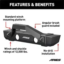 ARIES 2186002 - TrailCrusher Jeep JL, Gladiator Steel Front Bumper with Brush Guard, 12.5K