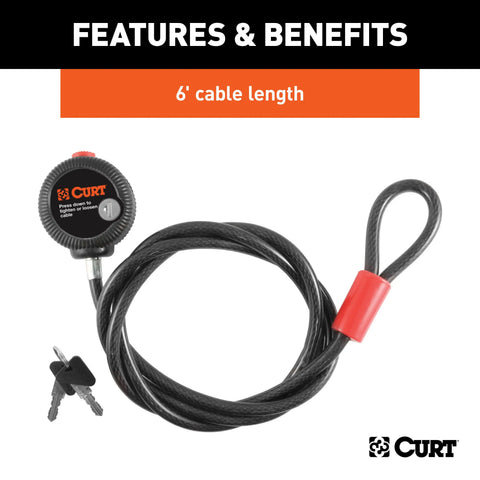 CURT 23666 Multi-Use Cable Lock (6' x 3/8 Cable, Vinyl-Coated Braided Steel)