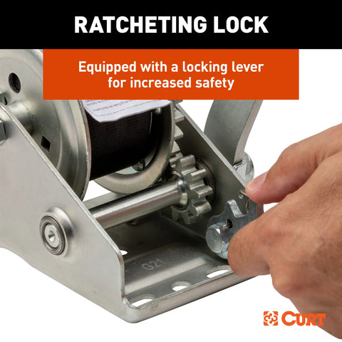 CURT 25002 Hand Crank Winch with 15' Strap & Bow Loop (900 lbs, 6.5 Handle)