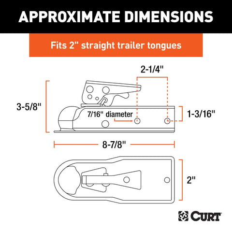 CURT 25128 1-7/8 Straight-Tongue Coupler with Posi-Lock (2 Channel, 2,000 lbs, Zinc)