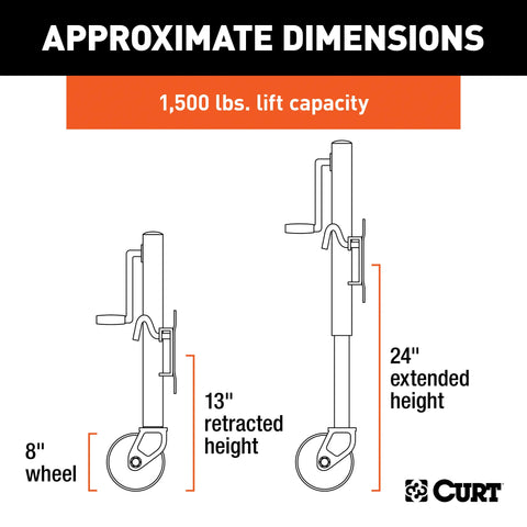 CURT 28115 Marine Jack with 8 Wheel (1,500 lbs, 10 Travel)