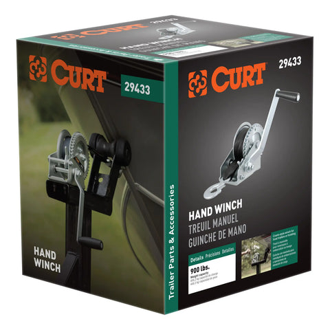 CURT 29433 Hand Crank Winch with 15' Strap (900 lbs, 6-1/2 Handle)