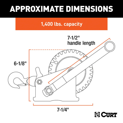 CURT 29435 Hand Crank Winch with 20' Strap (1,400 lbs, 7-1/2 Handle)