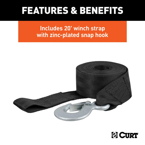 CURT 29435 Hand Crank Winch with 20' Strap (1,400 lbs, 7-1/2 Handle)