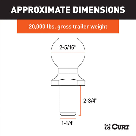 CURT 40009 2-5/16 Trailer Ball (1-1/4 x 2-3/4 Shank, 20,000 lbs., Chrome)