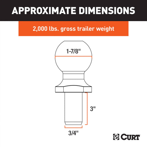 CURT 40016 1-7/8 Trailer Ball (3/4 x 3 Shank, 2,000 lbs., Chrome)