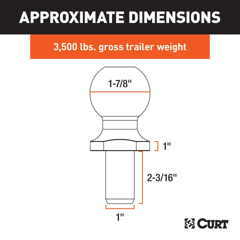 CURT 40031 1-7/8 Trailer Ball (1 x 2-3/16 Shank, 1 Rise, 3,500 lbs., Chrome)