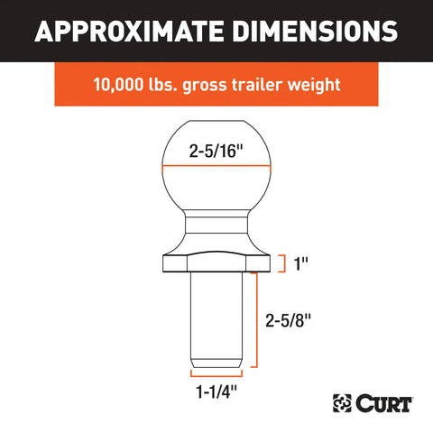 CURT 40035 2-5/16 Trailer Ball (1-1/4 x 2-5/8 Shank, 1 Rise, 10,000 lbs., Chrome)