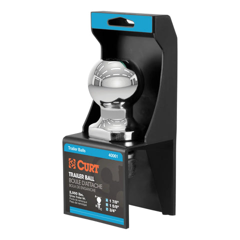 CURT 40061 1-7/8 Trailer Ball (3/4 x 1-5/8 Shank, 2,000 lbs., Chrome, Packaged)
