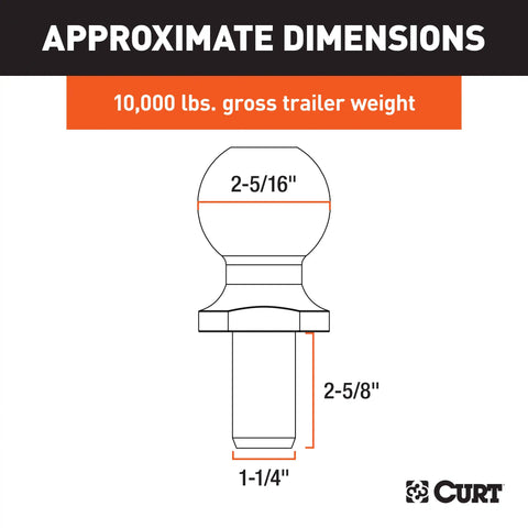 CURT 40068 2-5/16 Trailer Ball (1-1/4 x 2-5/8 Shank, 10,000 lbs., Chrome, Packaged)