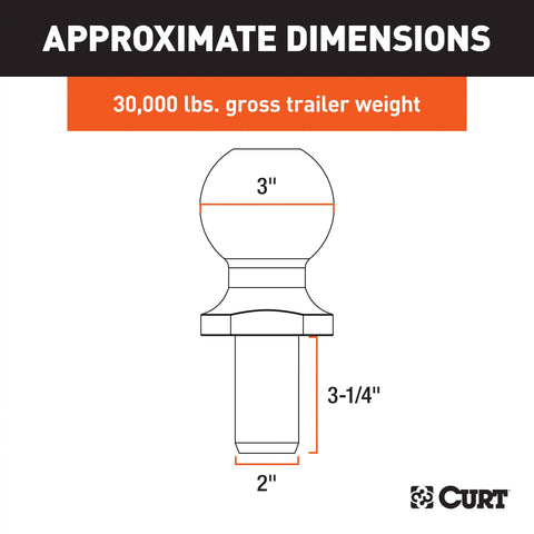 CURT 40089 - 3in. Trailer Ball (2in. x 3-1/4in. Shank 30000 lbs. Raw Steel)