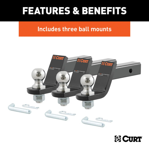 CURT 45057 Loaded Ball Mounts with 2 Balls (2 Shank, 7,500 lbs., 4 Drop, 3-Pack)