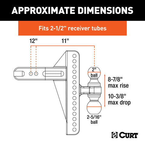 CURT 45927 Adjustable Channel Mount, Dual Ball (2-1/2 Shank, 20,000 lbs., 10-3/8 Drop)