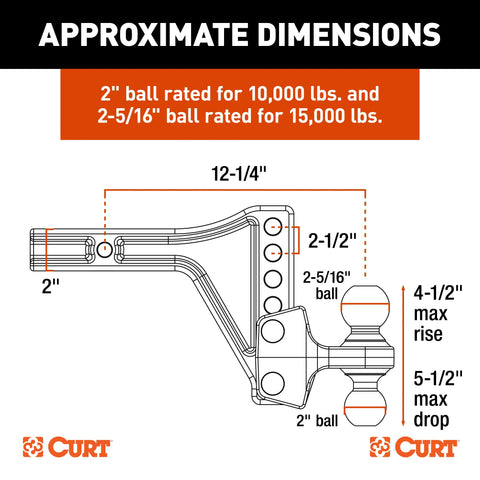 CURT 45935 Adjustable Trailer Hitch Ball Mount with Dual Ball, 2 Shank, 15K