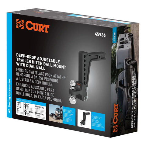 CURT 45936 Deep-Drop Adjustable Trailer Hitch Ball Mount with Dual Ball, 2 Shank, 15K