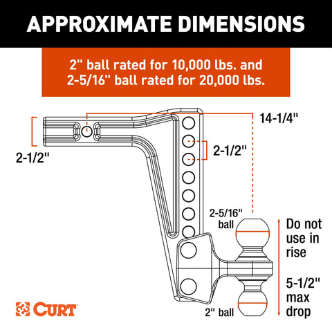 CURT 45939 HD Deep-Drop Adjustable Hitch Ball Mount with Dual Ball, 2-1/2 Shank, 20K