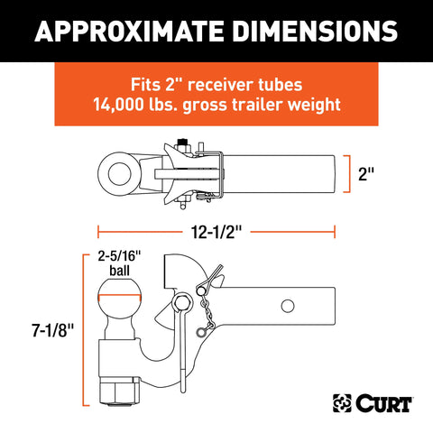 CURT 48406 SecureLatch Receiver-Mount Ball & Pintle Hitch (2 Shank, 2-5/16 Ball, 14K)