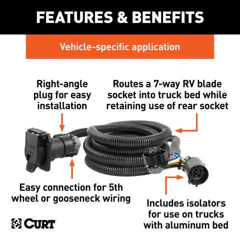 CURT 57010 - 10ft. Custom Wiring Extension Harness (Adds 7-Way RV Blade to Truck Bed Package
