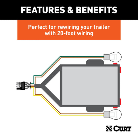 CURT 57220 - 4-Way Flat Connector for Rewiring Trailer Includes 20ft. Wires (Packaged)