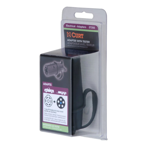 CURT 57255 - Adapter with Tester (7-Way RV Blade to 6-Round Trailer Center Pin Auxiliary)