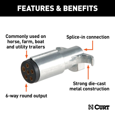 CURT 58080 - 6-Way Round Connector Plug (Trailer Side Diecast Metal)