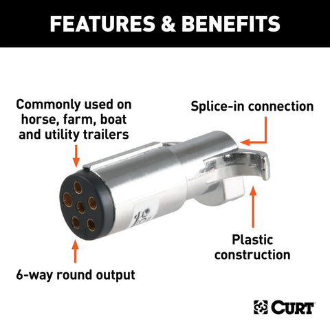 CURT 58120 - 6-Way Round Connector Plug (Trailer Side Chrome Plastic)