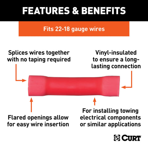 CURT 59421 - 22-18 Gauge Red Vinyl-Insulated Wire Butt Connectors 100-Pack