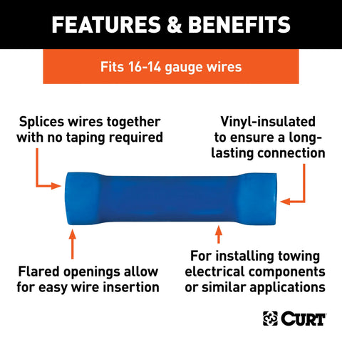 CURT 59422 - 16-14 Gauge Blue Vinyl-Insulated Wire Butt Connectors 100-Pack