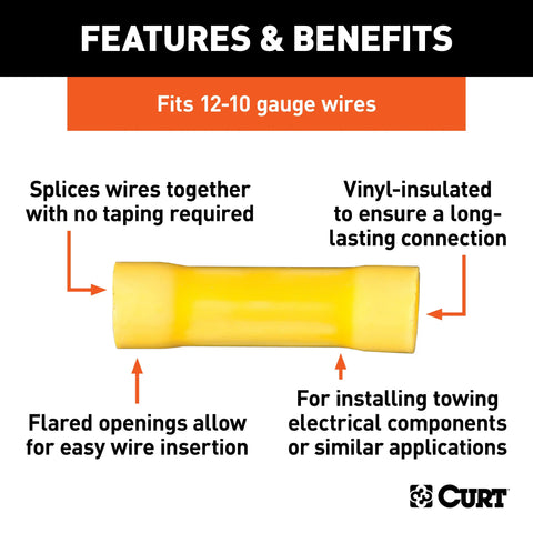 CURT 59423 - 12-10 Gauge Yellow Vinyl-Insulated Wire Butt Connectors 100-Pack