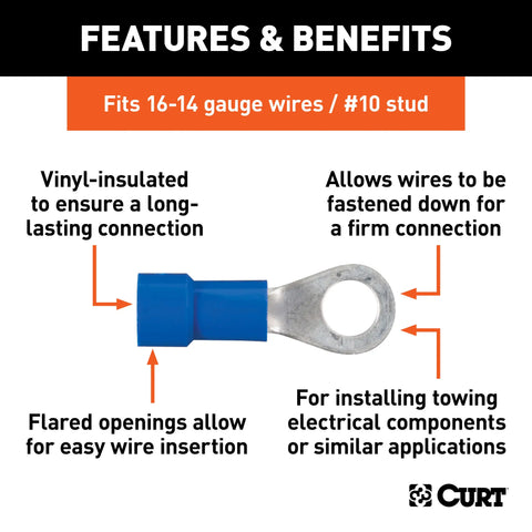 CURT 59521 - Ring Terminals (16-14 Wire Gauge #10 Stud Size 100-Pack)