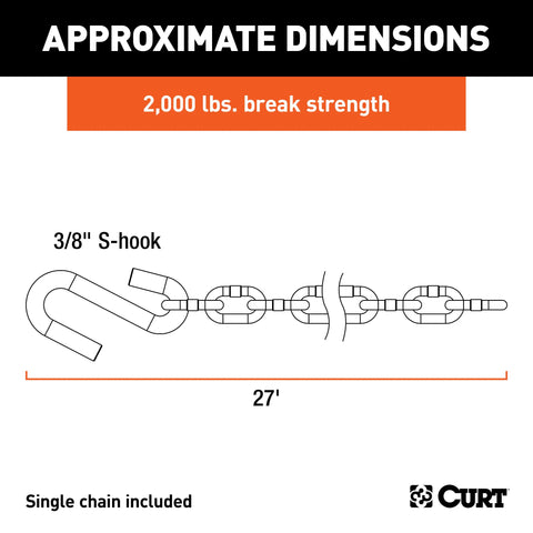 CURT 80020 - 27in. Safety Chain with 1 S-Hook (2000 lbs Clear Zinc)