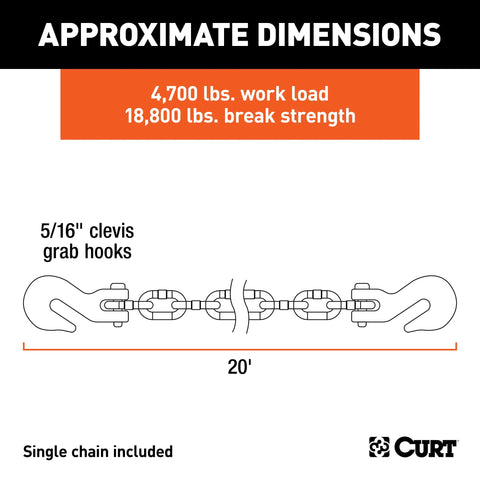 CURT 80307 - 20ft. Transport Binder Safety Chain with 2 Clevis Hooks (18800 lbs Yellow Zinc