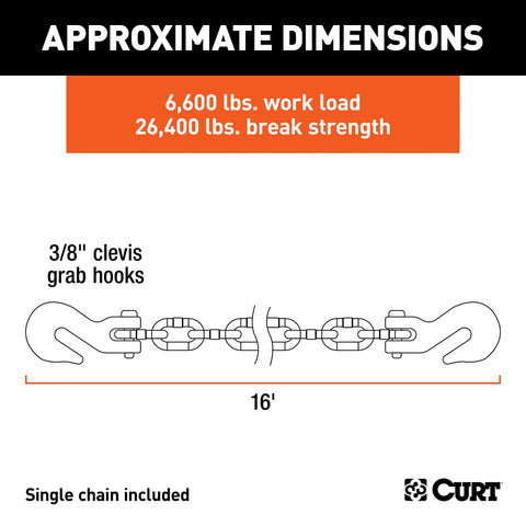 CURT 80310 - 16ft. Transport Binder Safety Chain with 2 Clevis Hooks (26400 lbs Yellow Zinc
