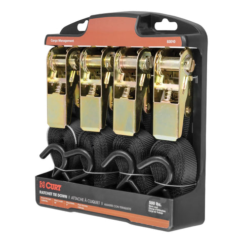 CURT 83010 - 16ft. Black Cargo Straps with S-Hooks (500 lbs 4-Pack)