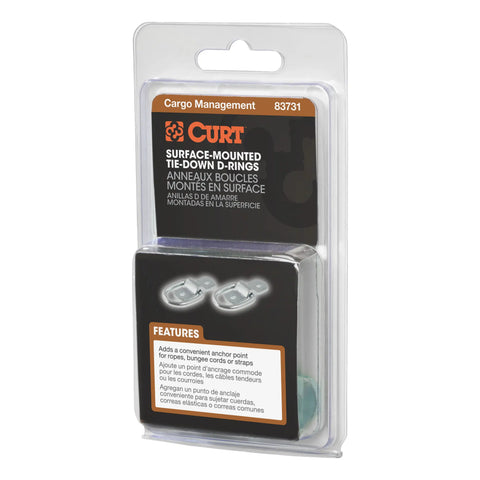CURT 83731 - 1in. x 1-1/4in. Surface-Mounted Tie-Down D-Rings (1200 lbs Clear Zinc 2-Pack)