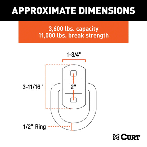 CURT 83742 - 3in. x Surface-Mounted Tie-Down D-Ring (3600 lbs Clear Zinc)