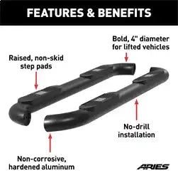 ARIES AL234013 - Big Step 4 Black Aluminum Round Side Bars, Select Silverado, Sierra 2500, 3500