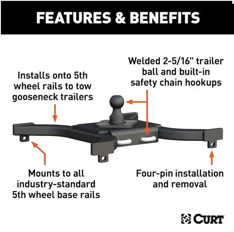 CURT 16085 Spyder 5th Wheel Rail Gooseneck Hitch with 2-5/16 Ball, 25K