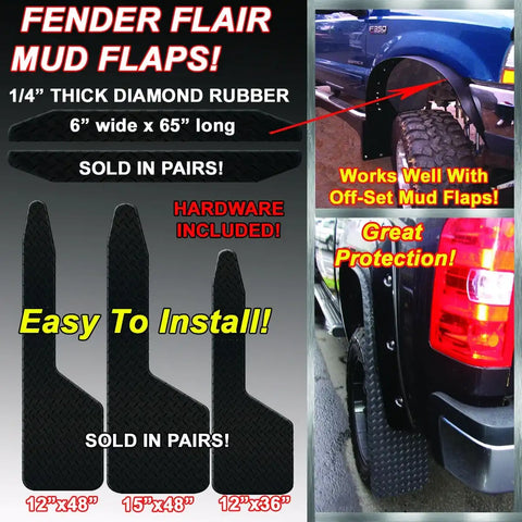 12x48 Fender Flair Long-John Style Mud Flaps Diamond Plate On one Side Smooth On the Other Side