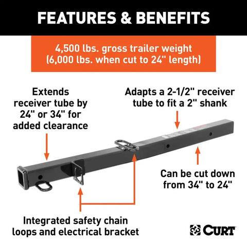 CURT 45048 Curt, Receiver Tube Adapter (2-1/2 to 2 Shank, 4,500 lbs. GTW, 34 Length)