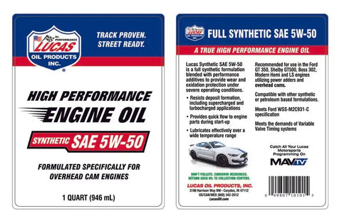 LUCAS OIL 10101 SAE 5W-50 SYNTHETIC MOTOR OIL EACH