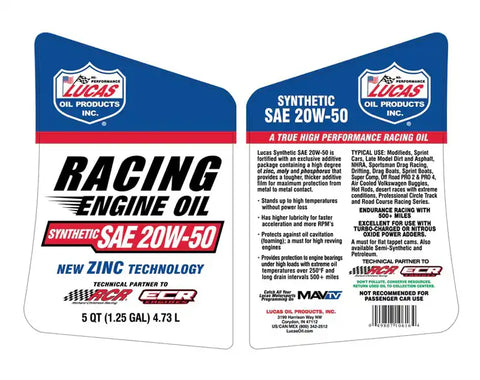 LUCAS OIL 10616 SYNTHETIC SAE 20W-50 RACI