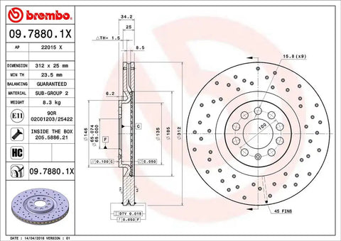 BREMBO 0978801XC02 DISC BRAKE ROTOR