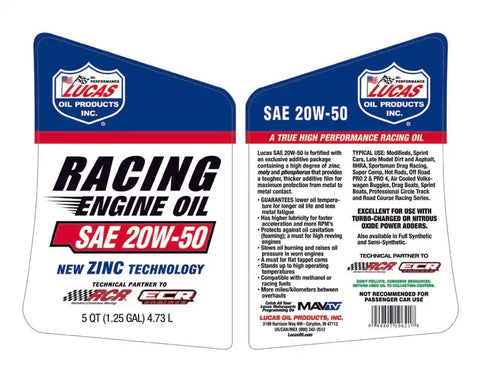 LUCAS OIL 10621 SAE 20W-50 RACING MOTOR O